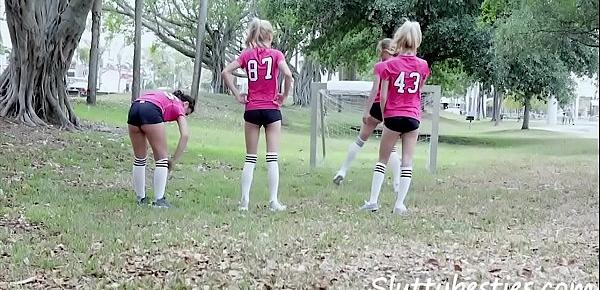  Entire girls football team plays with balls